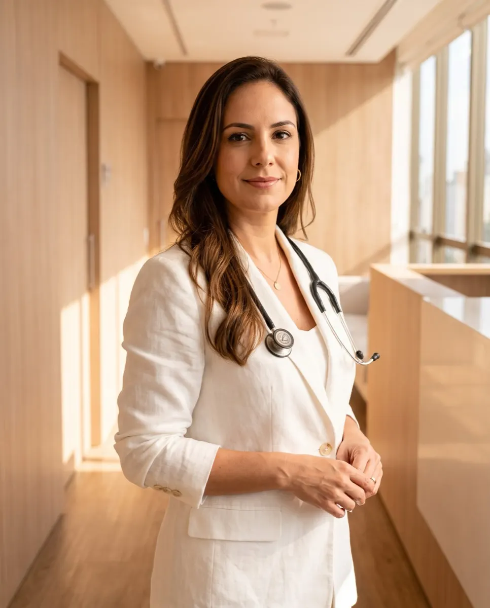 Clara, persona fictícia, de jaleco no consultório