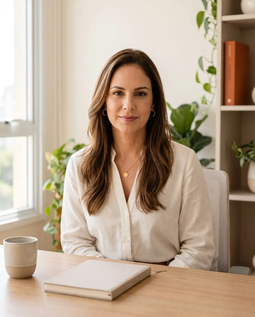 Clara, persona fictícia, à mesa do consultório